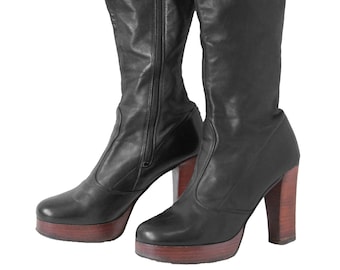 Vintage Black Leather Platform High Heel Boots