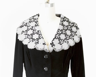 Vintage Black Velvet Jacket With White Crochet Collar