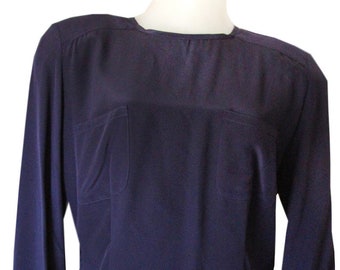 Navy Blue Vintage Silk Blouse With Shoulder Pads