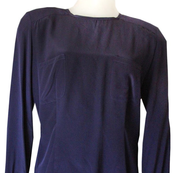 Navy Blue Vintage Silk Blouse With Shoulder Pads