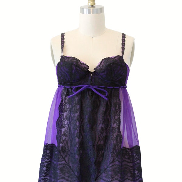 Vintage Fredrick's Of Hollywood Black And Purple Babydoll Nightgown