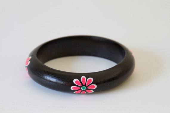 Hand Painted Flowers on Black Wood Bangle - image 1