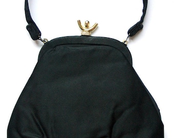 Vintage Black Evening Bag Purse With Bow And Rhinestone Metal Clasp
