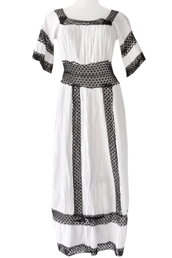 White And Black Crochet Vintage Mexican Maxi Dress