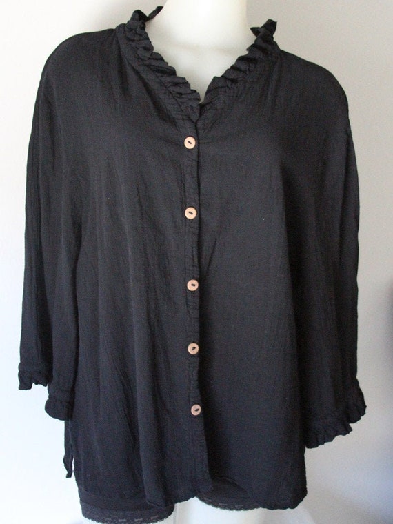 Vintage Black Button Down Blouse with Ruffle Deta… - image 1