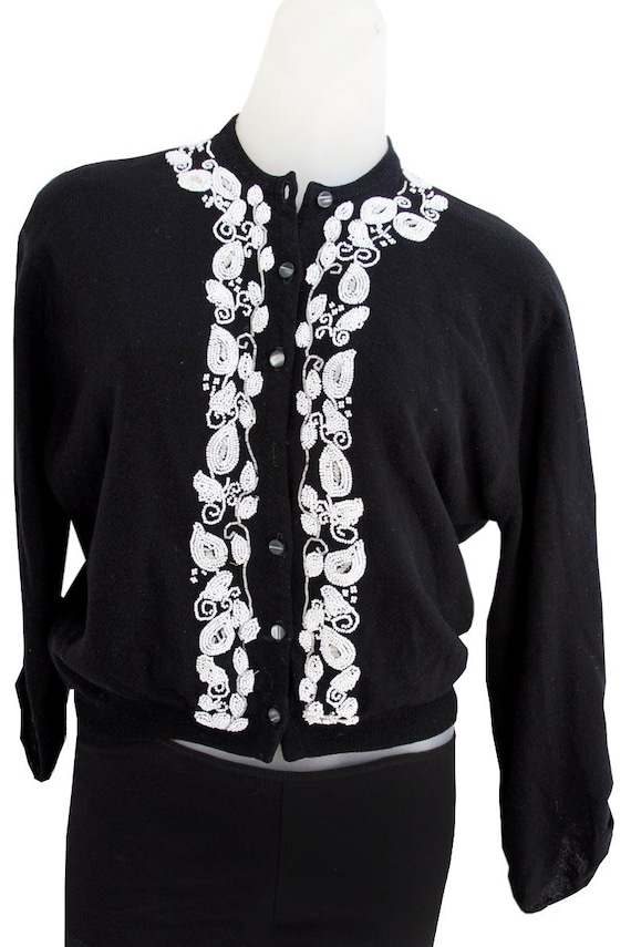 Black Vintage Cardigan Beaded Sweater - image 1