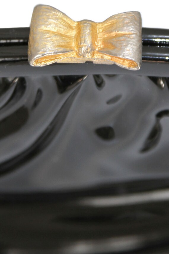 Black Vintage Vinyl Bag Clutch with Bow Clasp and Cha… Gem