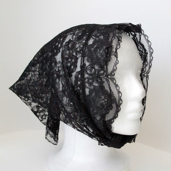 Vintage Black Floral Lace Triangle Scarf Shawl - image 1