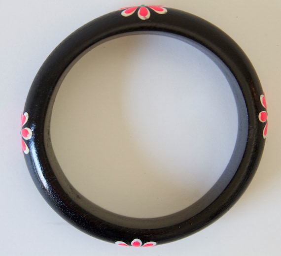 Hand Painted Flowers on Black Wood Bangle - image 3