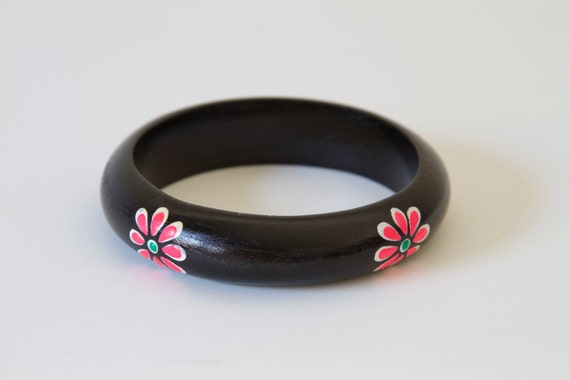 Hand Painted Flowers on Black Wood Bangle - image 2