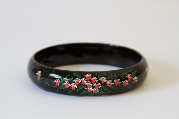 Hand Painted Flower Black Bangle - image 1