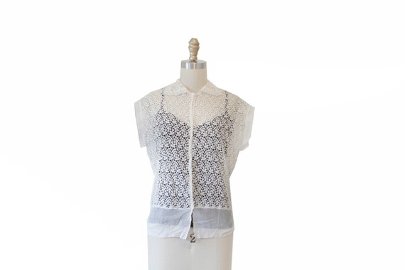 Vintage White Eyelet Lace Sheer Blouse