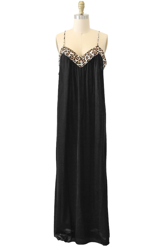 Vintage Black Long Slip With Leopard Trim - image 1