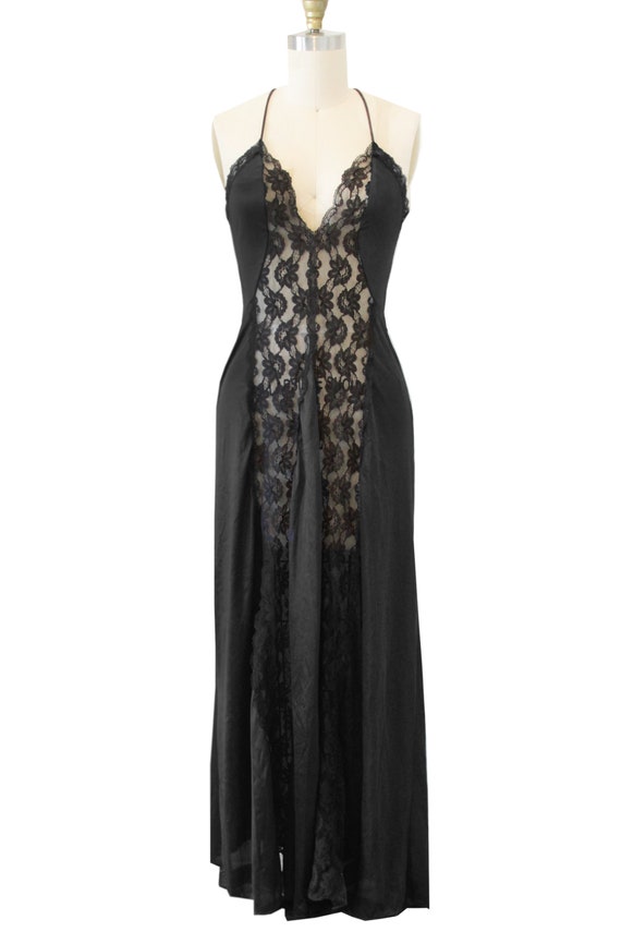 Vintage Black Long Slip With Lace Fabric Details