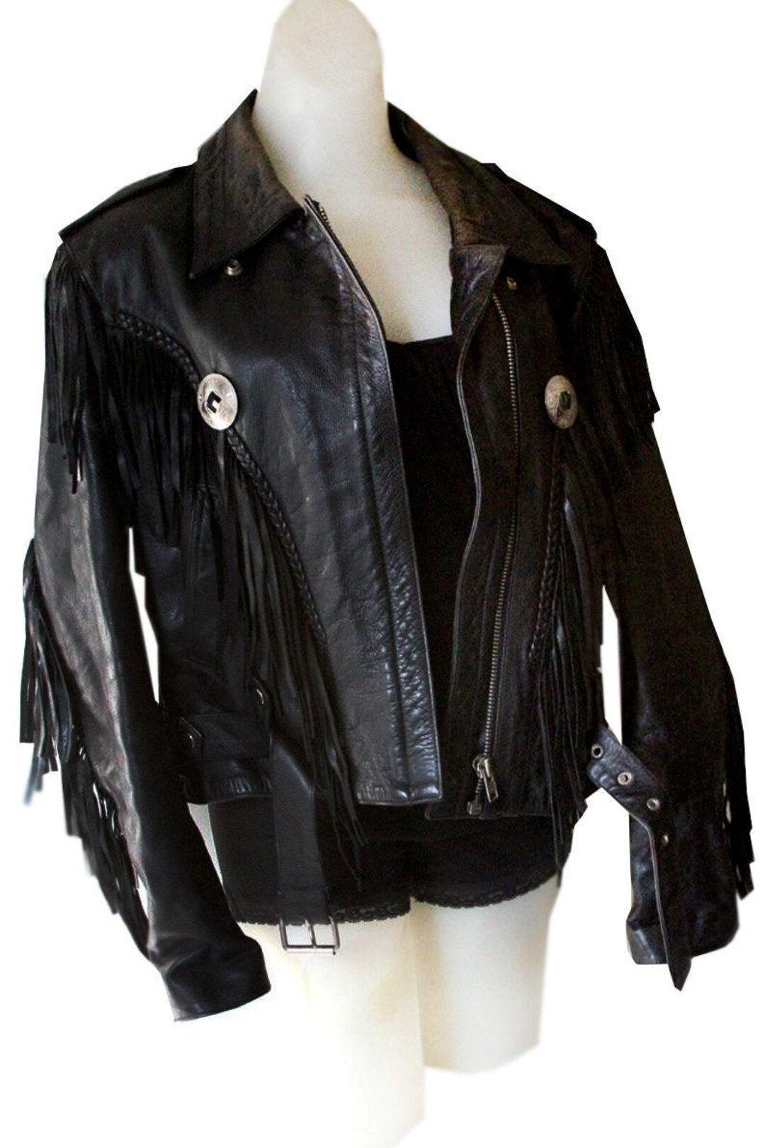 ジャケット・アウター leather fringe concho blouson black XL Vintage Black Fringe Leather Motorcycle Jacket - Tassle