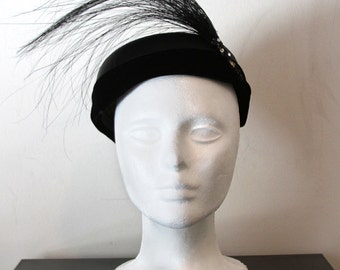 Vintage Black Cocktail Hat with Horse Hair & Rhinestones by Ronnie