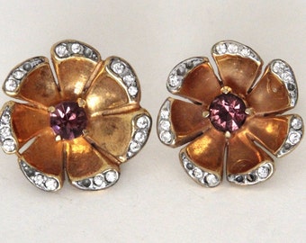 Vintage Clip On Earrings Metal Flowers with Stone Details