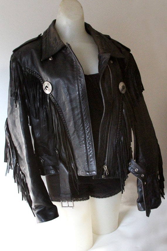 Vintage Fmc Fringe And Concho Leather Biker Jacket Image 0