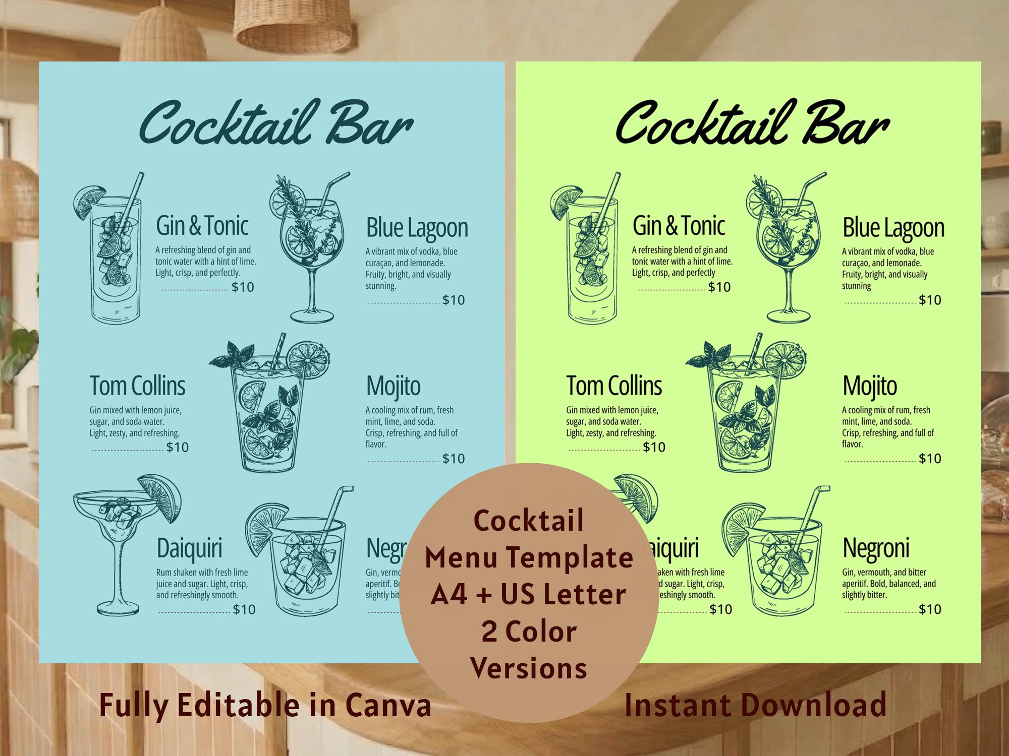 Editable Cocktail Menu Canva Template (A4 US Letter) - Etsy UK