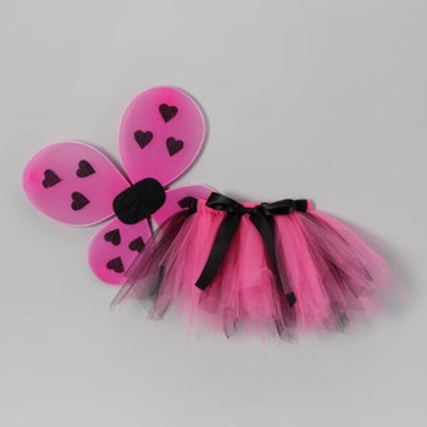 READY TO SHIP: Pink Ladybug Tutu & Wing Set, Pink Ladybug Halloween Costume, Pink and Black Tutu