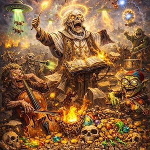 Könnte beinhalten: Fantasie-Illustration mit dem Wort „TOKEN“ über einer skelettartigen Figur mit Heiligenschein, die einen leuchtenden Zauberstab hält. Das Bild zeigt musikalische Monster, UFOs und die Worte „ARTIFACT TREASURE“ unten, mit einem Schatz.