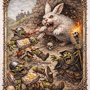 May include: Fantasy art card depicting a battle between goblins and a giant rabbit. The card is framed with skulls and features the text "Token" and "Creature - Goblin 1/1". The goblins are armed with swords and shields.