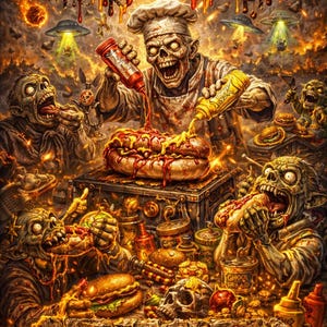 Könnte beinhalten: Eine detaillierte, farbenfrohe Illustration eines Zombie-Kochs, der einen großen Hotdog zubereitet, umgeben von anderen Zombies, die essen. Das Wort "TOKEN" steht oben, und "ARTIFACT • TREASURE" unten. Das Kunstwerk hat einen feurigen, cartoonartigen Stil.