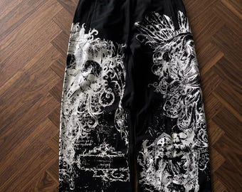 Y2K Retro Gothic Skull Print Broek, Oversized Baggy Streetwear Broek, Unisex Grafische Joggingbroek, Heren Modieuze Broek met Wijde Pijpen