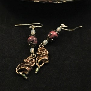 Vintage silver rose earrings, upcycled earrings, artisan earrings, rhodonite earrings, hand made earrings, hand beaded earrings, vintage