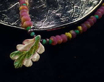 Raku leaf necklace, leaf necklace, graduation gift, gift for daughter, gardener necklace, gardener gift, pink necklace, hand beaded necklace