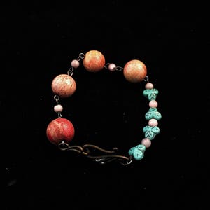 Fossil bead bracelet, beaded link bracelet, link bracelet, agate bracelet, orange bracelet, hand beaded bracelet, fossils, chunky bracelet,