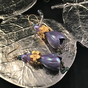 Purple bellflower earrings, porcelain earrings, flower earrings, floral earrings, purple earrings, gold earrings, artisan earrings, mom gift