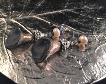 Calla lily earrings, fine silver earrings, pearl earrings, artisan earrings, enameled earrings, hand made earrings, hand beaded earrings