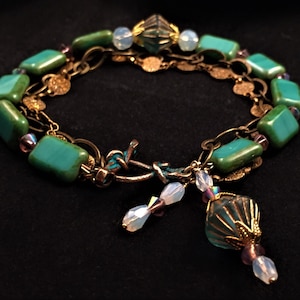 Double chain bracelet, multi strand bracelet, green bracelet, blue bracelet, chain bracelet, three strand bracelet, artisan bracelet