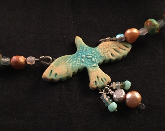 Flying bird necklace, ceramic necklace, artisan necklace, pearl necklace, opal necklace, silver necklace, hand made necklace, hand beaded