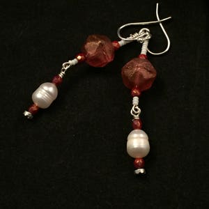 Rusty earrings, hand beaded earrings, hand beaded pearl earrings, freshwater pearl earrings, red earrings, vintage earrings, valentines day