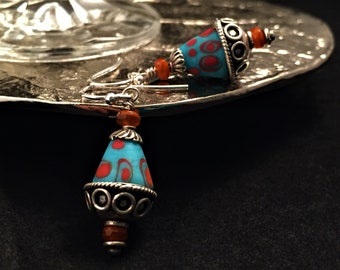Turquoise and coral lampwork earrings, artisan earrings, sterling silver earrings, hand made earrings, hand beaded earrings, mom gift, wife