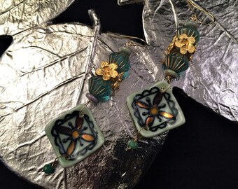 Porcelain diamond earrings, emerald earrings, gold earrings, tile earrings, floral earrings, spring earrings, long earrings, mom gift
