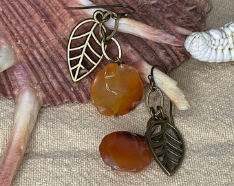 Carnelian and bronze earrings, brass earrings, bronze earrings, artisan earrings, hand made earrings, hand beaded earrings, leaf earrings