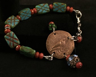 Bird bracelet, rhinestone bracelet, bronze bracelet, blue bracelet, beaded bracelet, bird gift, ornithologist gift, Czech glass bracelet