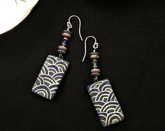 Arch patterned earrings, kimono earrings, blue earrings, green earrings, silver earrings, rainbow earrings, spring earrings, artisan earring