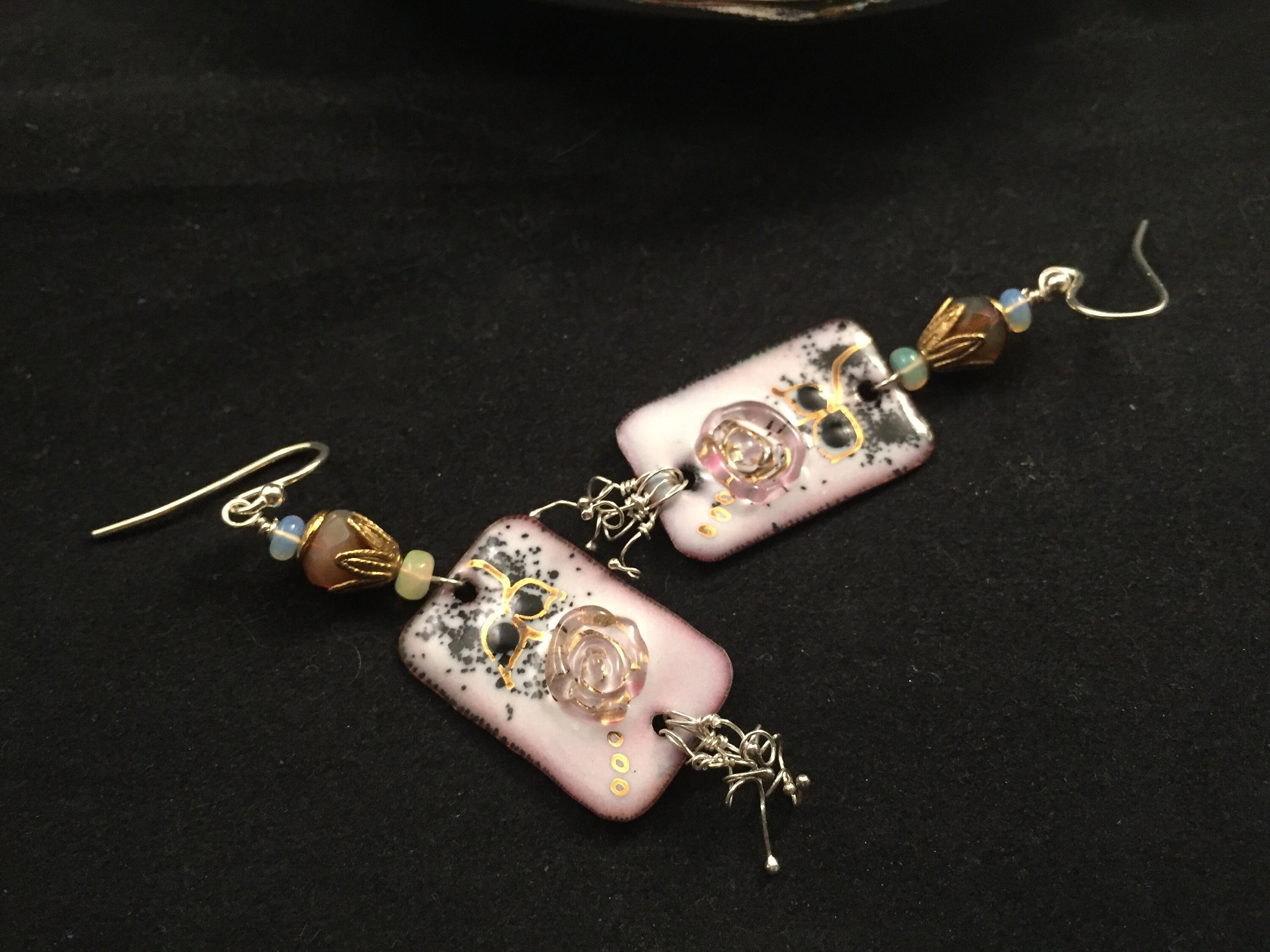 Garden Wedding Vintage Style Romantic Earrings Black and Pink Earrings Silver Earrings Artisan SRAJD Lampwork and Enameled Rose Earrings