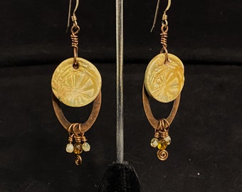 Copper and ceramic earrings, artisan earrings, chandelier earrings, ceramic earrings, green earrings, copper earrings, hand made earrings