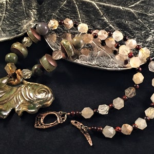 Ginkgo leaf necklace, ceramic necklace, leaf necklace, rutilated quartz necklace, tigers eye necklace, artisan necklace, gemstone necklace