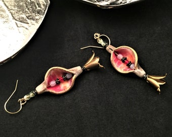 Pomegranate pod earring, porcelain earring, pod earring, artisan earring, red and gold earrings, avant garde earrings, mothers day gift, mom