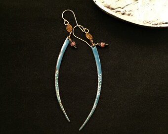 Long dagger earring, blue and gold earring, enameled earring, thin earring, artisan earring, avant garde earring, modern earring, mom gift