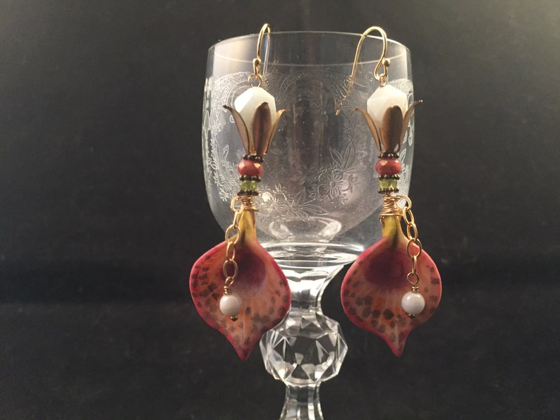 flower earrings artisan earrings lily earrings hand beaded wife gift Porcelain petal earrings hand beaded earrings porcelain jewelry