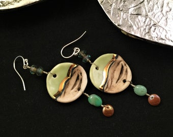 Mint green disc earrings, artisan ceramic earrings, chrysoprase earrings, gemstone earrings, silver earrings, avant garde earrings, modern