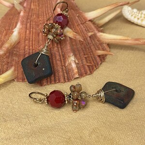 Raku diamond earrings, boho earrings, industrial earrings, silver earrings, sterling earrings, red earrings, hand beaded earrings, gift for