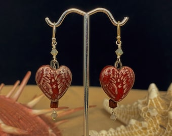 Winged heart earrings, heart earrings, angel earrings, porcelain earrings, artisan earrings, hand beaded earrings, hand made earrings, gift